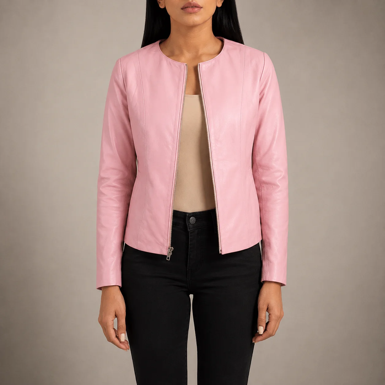 Women's pink genuine sheepskin collarless leather jacket with front zipper and open hem cuffs