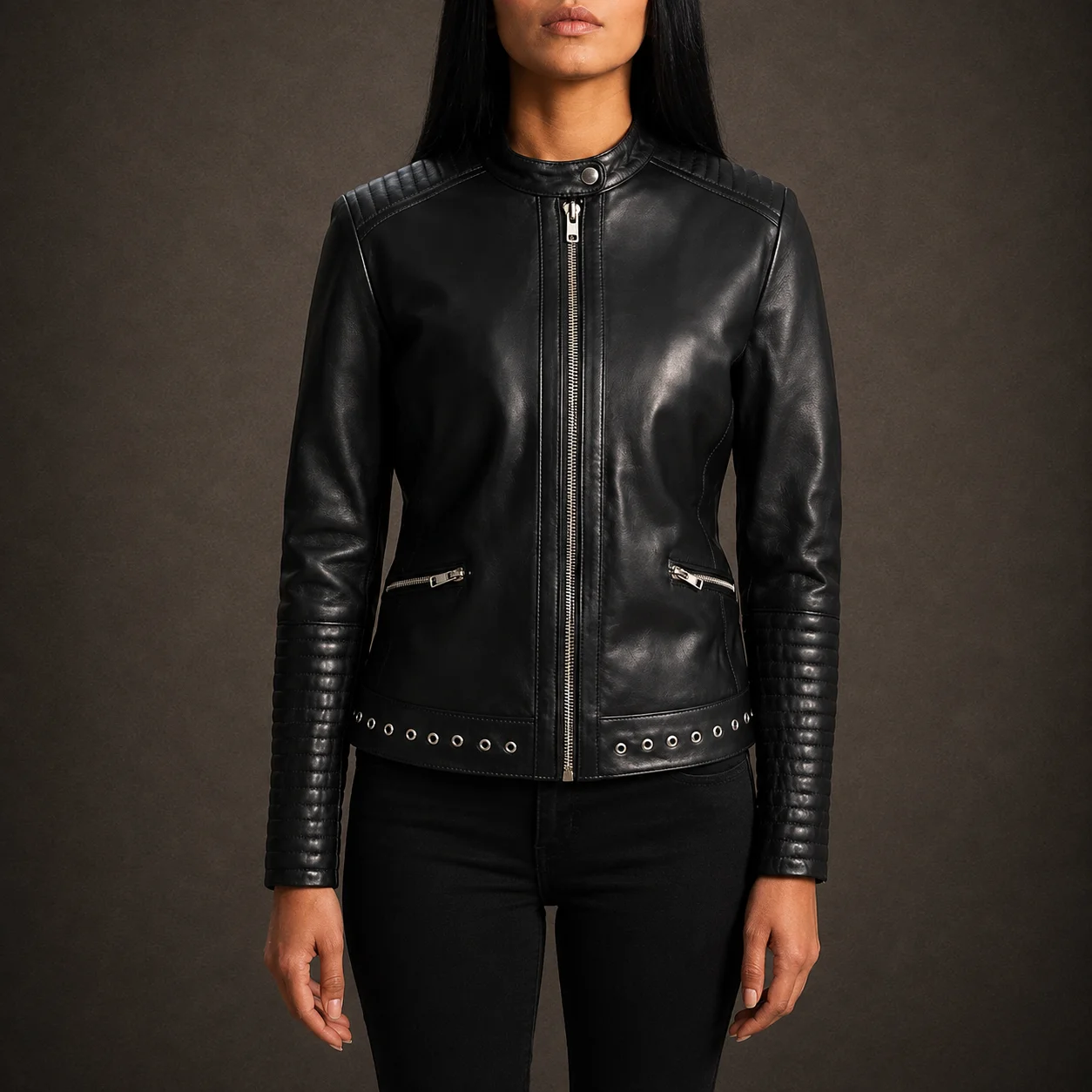 Women’s Ravenna black genuine sheepskin leather biker jacket with snap-button band collar and zip cuffs