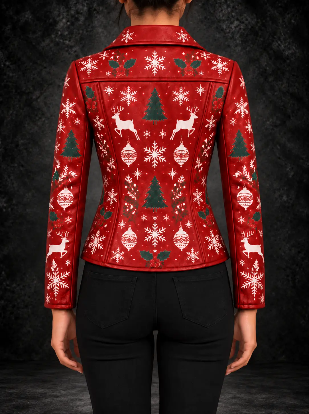 Women’s Red Christmas Print Leather Biker Jacket alternate