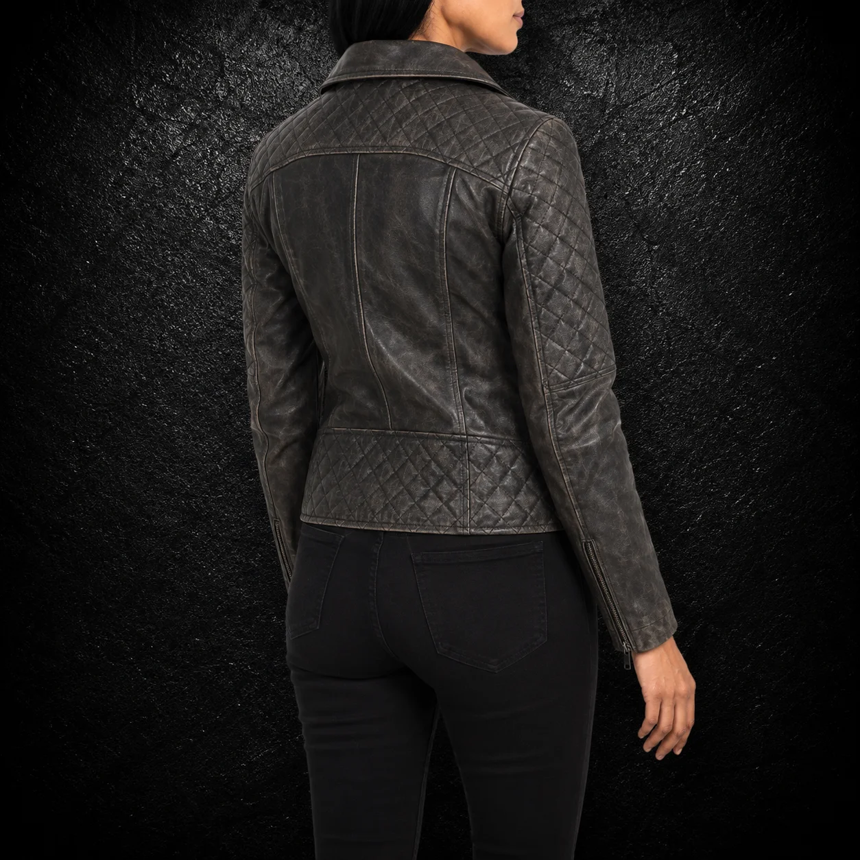 Rovena Distressed Brown Quilted Leather Biker Jacket alternate