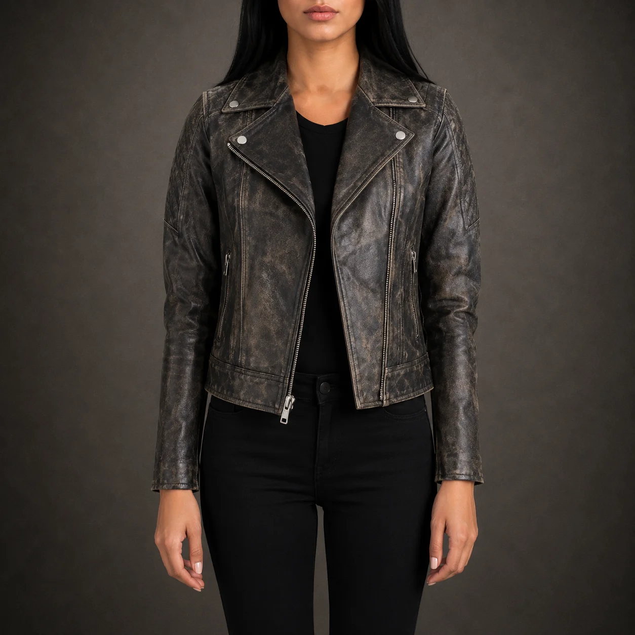 Women’s Rovena distressed brown quilted goatskin leather biker jacket with notch collar and zip cuffs