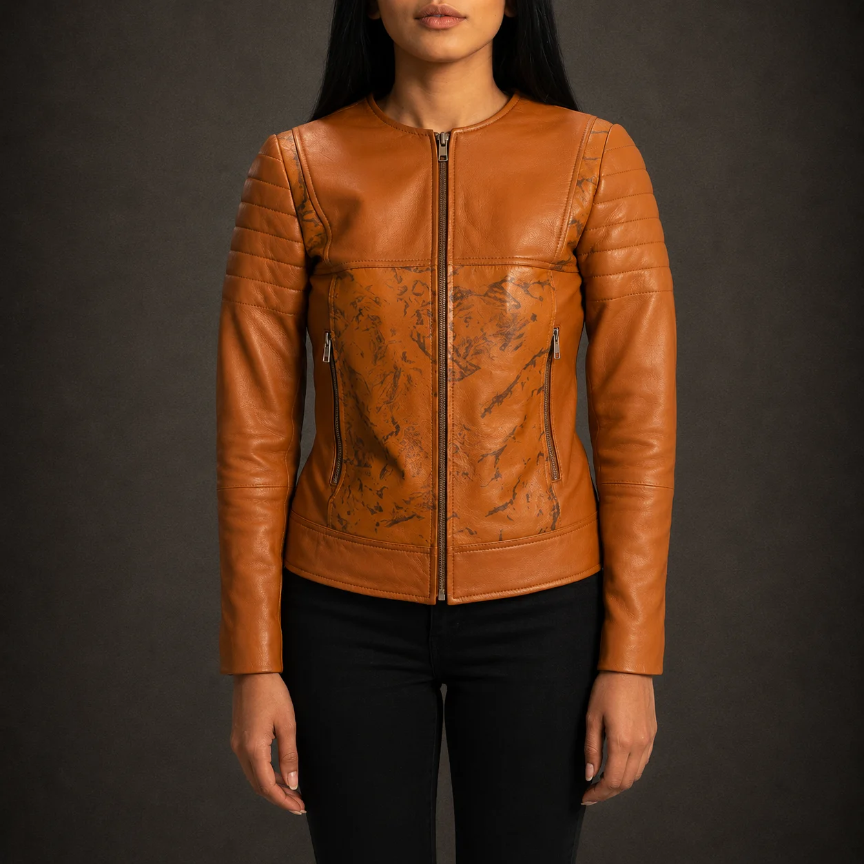 Women's tan brown genuine sheepskin dip-dye leather biker jacket with zipper cuffs