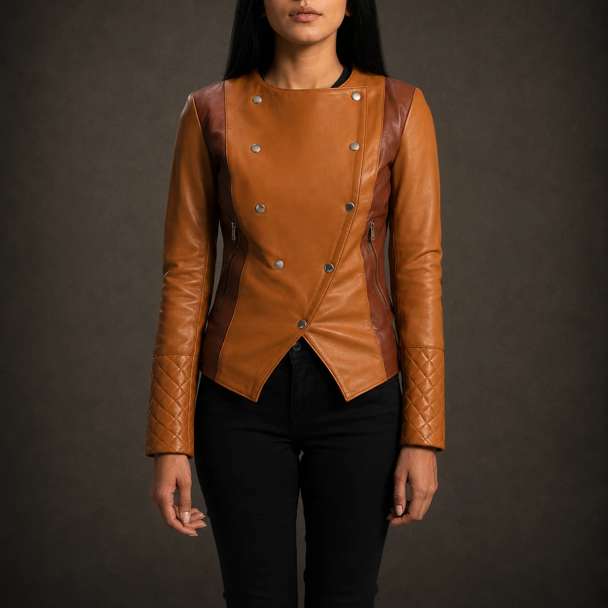 Women's tan brown genuine sheepskin overlap leather jacket with button closure and open hem cuffs