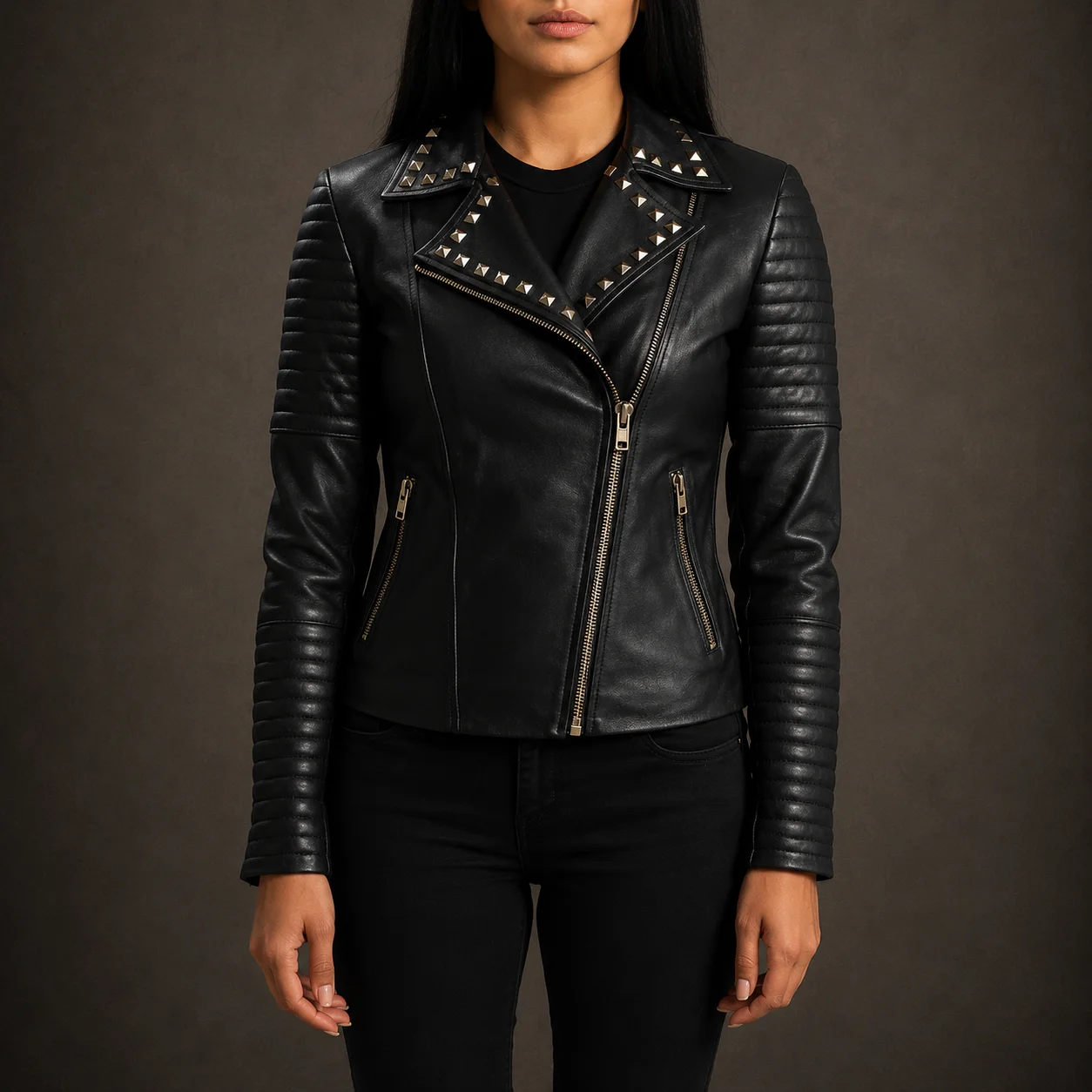 Women’s Valencia studded black genuine sheepskin leather biker jacket with notch collar and zip cuffs