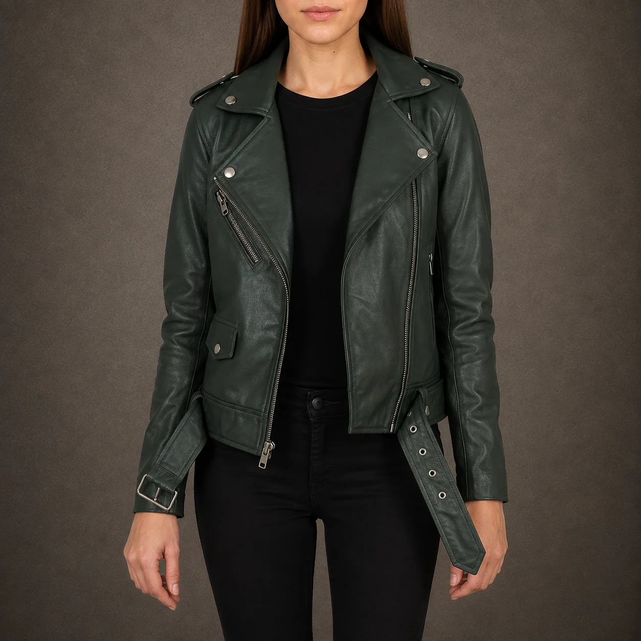 Women’s Verona green genuine sheepskin leather biker jacket with removable belt, notch collar and zip cuffs