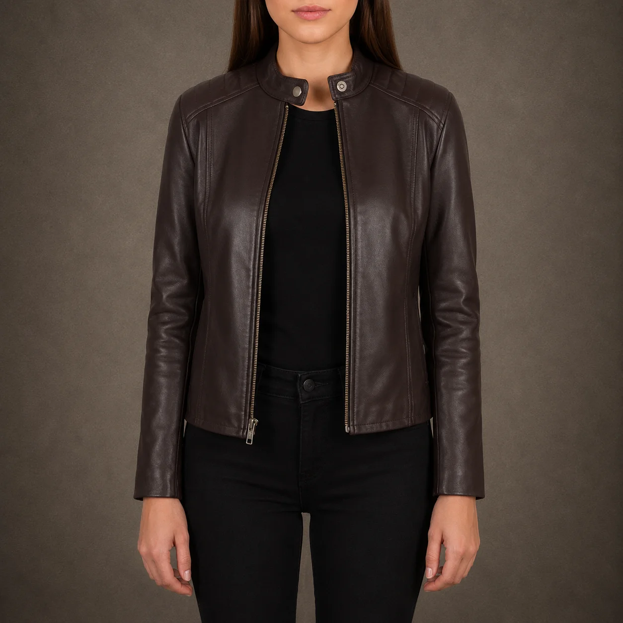 Women’s Vienna maroon genuine sheepskin leather biker jacket with quilted shoulders, band collar and zip cuffs